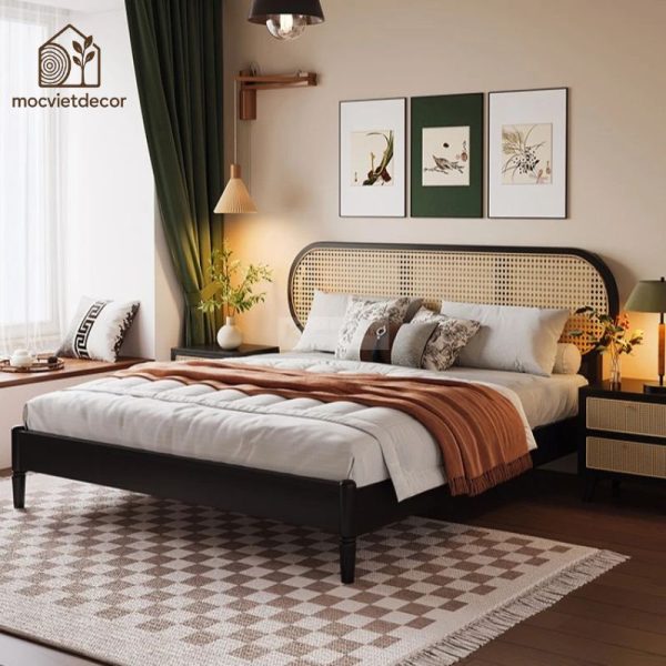 Giường Ngủ Gỗ Tự Nhiên Kết Hợp Mây Cao Cấp - Hình ảnh 3