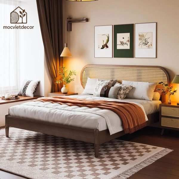 Giường Ngủ Gỗ Tự Nhiên Kết Hợp Mây Cao Cấp - Hình ảnh 2